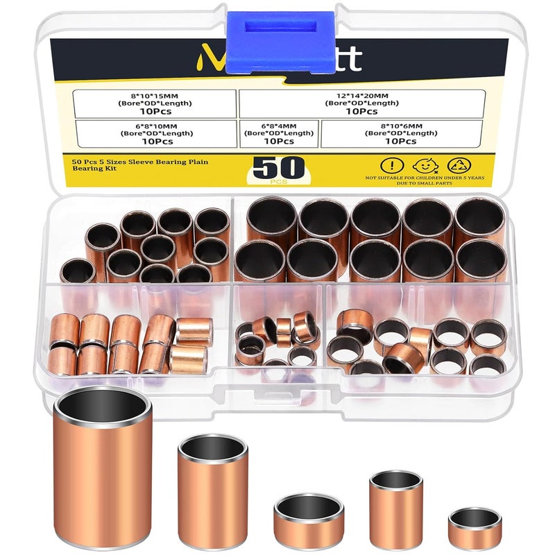 Mardatt 50 قطعة محامل أنبوبية 5 أحجام، (الفتحة x القطر الخارجي x الطول) 6x8x4 مم، 6x8x10 مم، 8x10x6 مم، 8x10x15 مم، 12x14x20 مم محامل عادية مغلفة بدون زيت ذات تشحيم ذاتي - Image 1